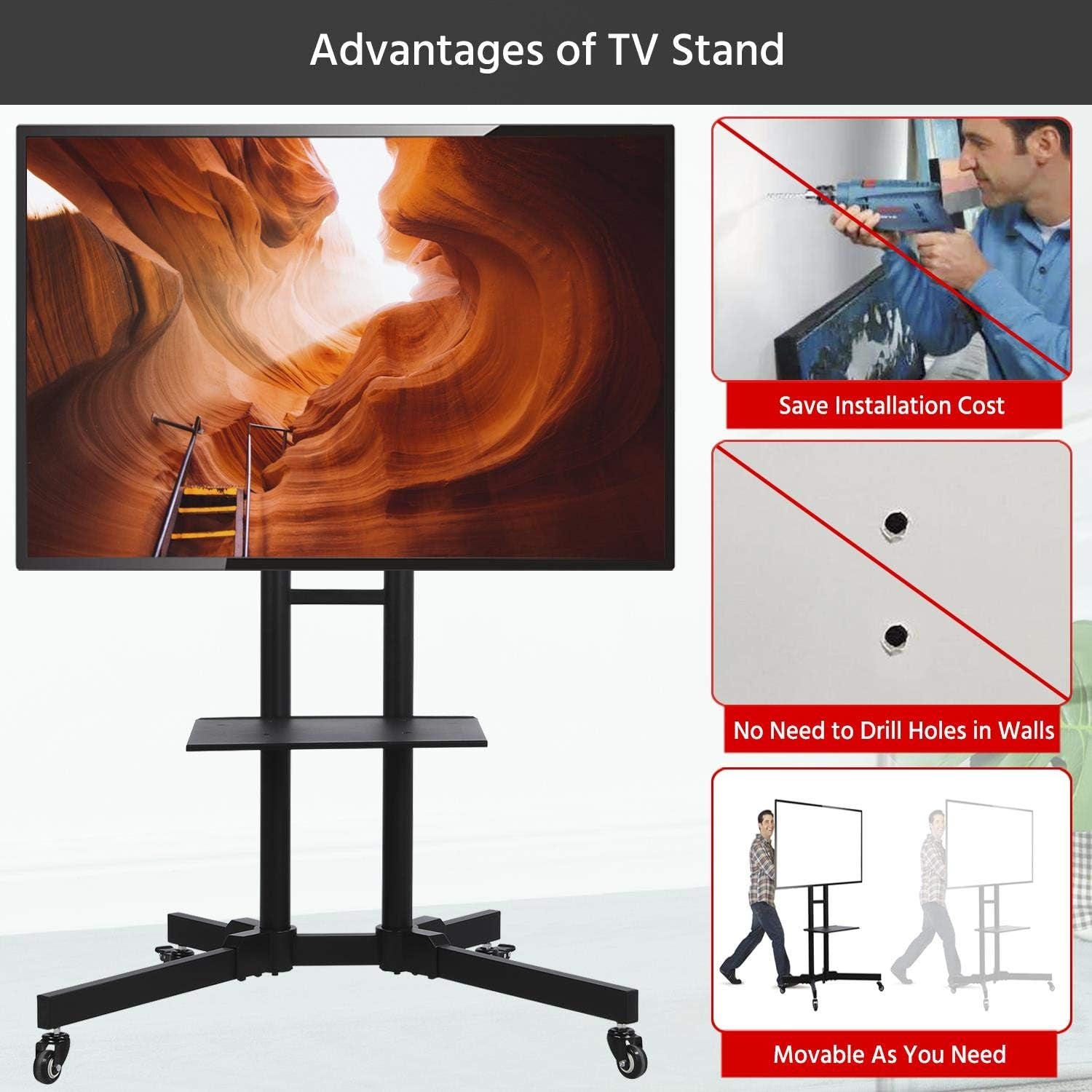 Mobile TV Stand with Wheels for 32-75 Inch LCD LED Screens Tvs, Height-Adjustable Rolling TV Cart Hold up to 110 Lbs, Trolley Floor Stand W/Tray, Max VESA 600X400Mm