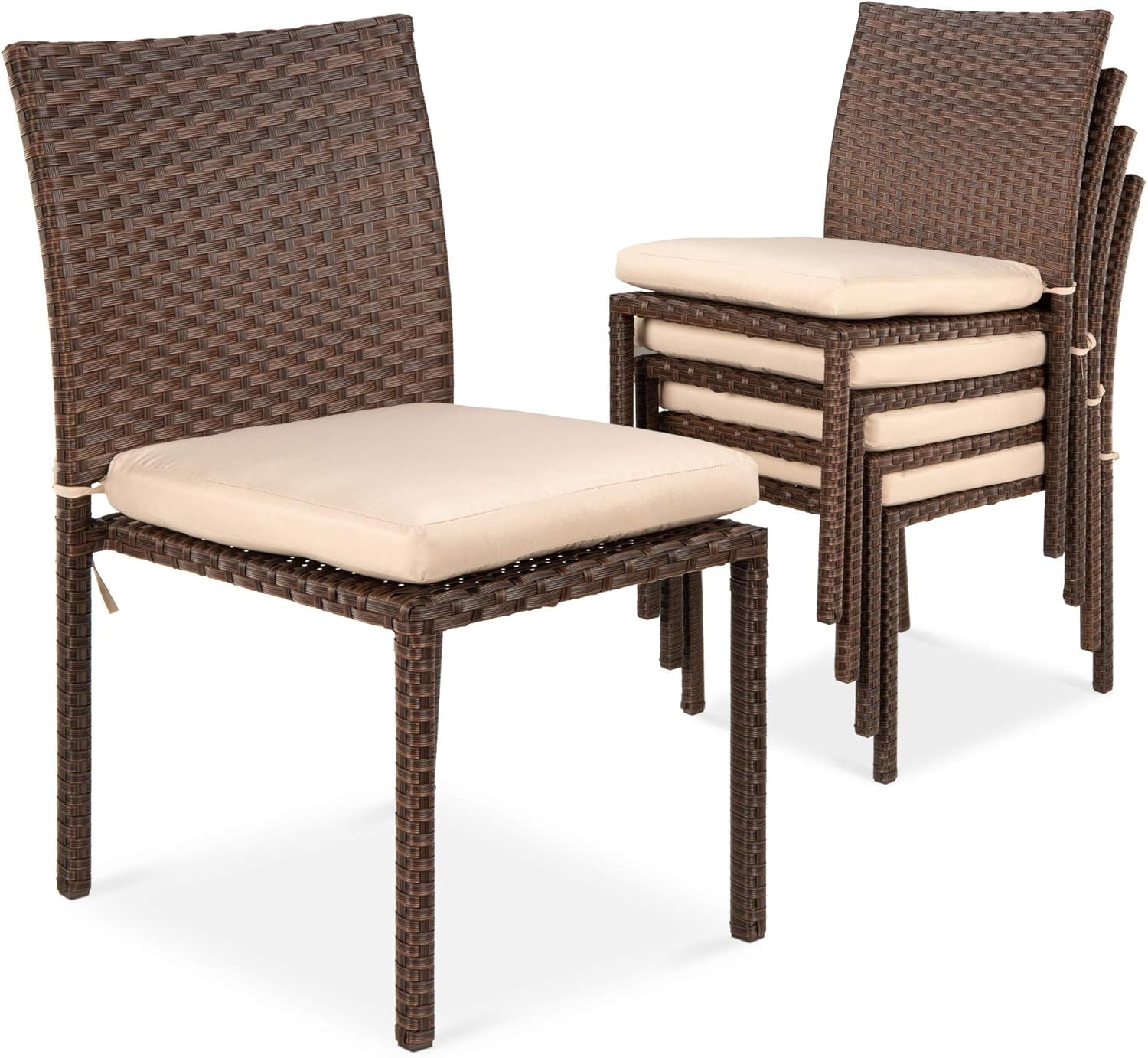 Set of 4 Stackable Outdoor Patio Wicker Chairs W/Cushions, Uv-Resistant Finish, and Steel Frame - Brown/Cream