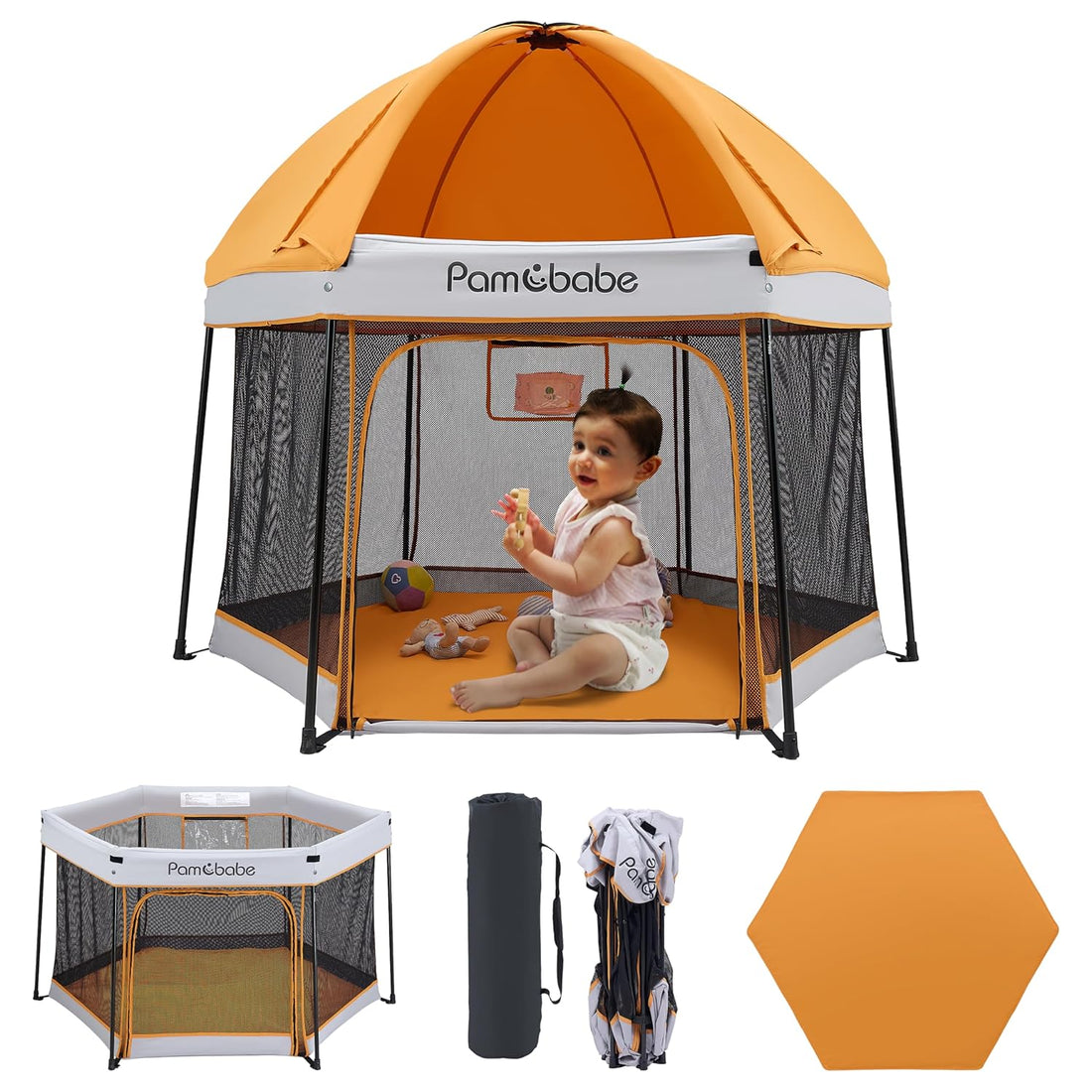 Portable Playpen with Canopy and Mattress Outdoor and Indoor 54&quot; Baby Playard for Babies and Toddlers Foldable Play Yard with Zipper Gate