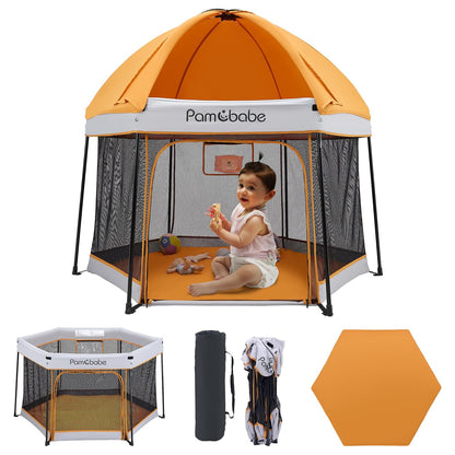 Portable Playpen with Canopy and Mattress Outdoor and Indoor 54&quot; Baby Playard for Babies and Toddlers Foldable Play Yard with Zipper Gate