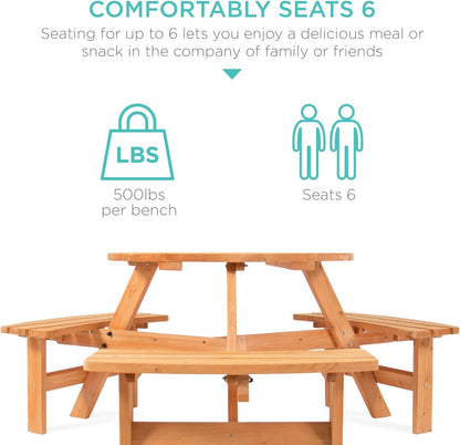 6-Person Circular Outdoor Wooden Picnic Table for Patio, Backyard, Garden, DIY W/ 3 Built-In Benches, 500Lb Capacity - Natural