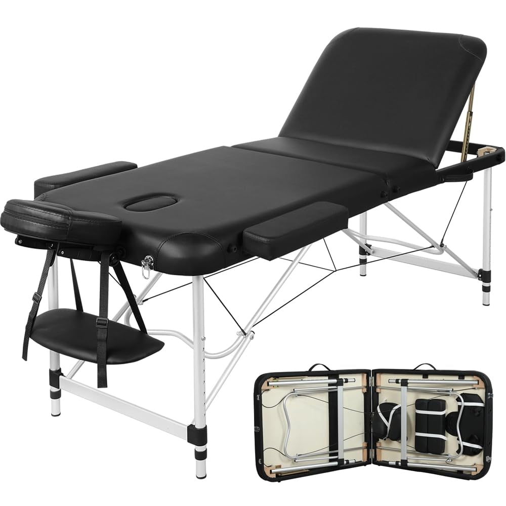 Massage Tables Portable Tattoo Table Adjustable Lash Bed Aluminium 3 Folding Spa Bed with Non-Woven Bag 24 Inch Wide Black