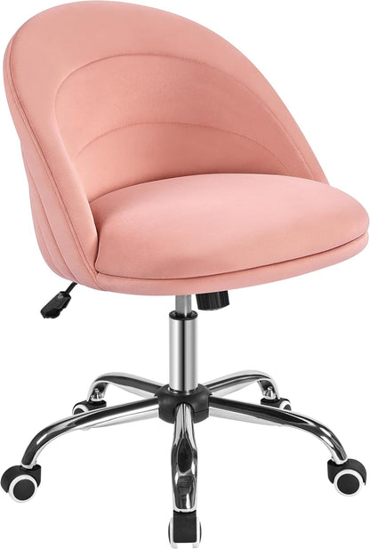 Velvet Cute Desk Chair Armless Office Chair Swivel Vanity Chair with Wheels Adjustable Comfy Desk Chair Soft Rocking Chair for Home Office, Living Room Pink