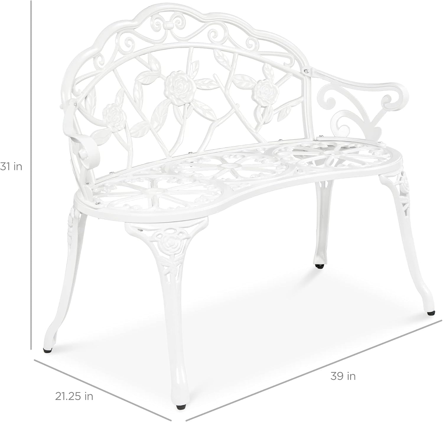 Outdoor Bench Steel Garden Patio Porch Loveseat Furniture for Lawn, Park, Deck Seating W/Floral Rose Accent, Antique Finish - White