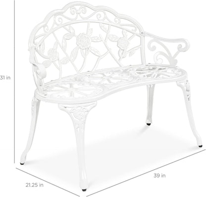 Outdoor Bench Steel Garden Patio Porch Loveseat Furniture for Lawn, Park, Deck Seating W/Floral Rose Accent, Antique Finish - White