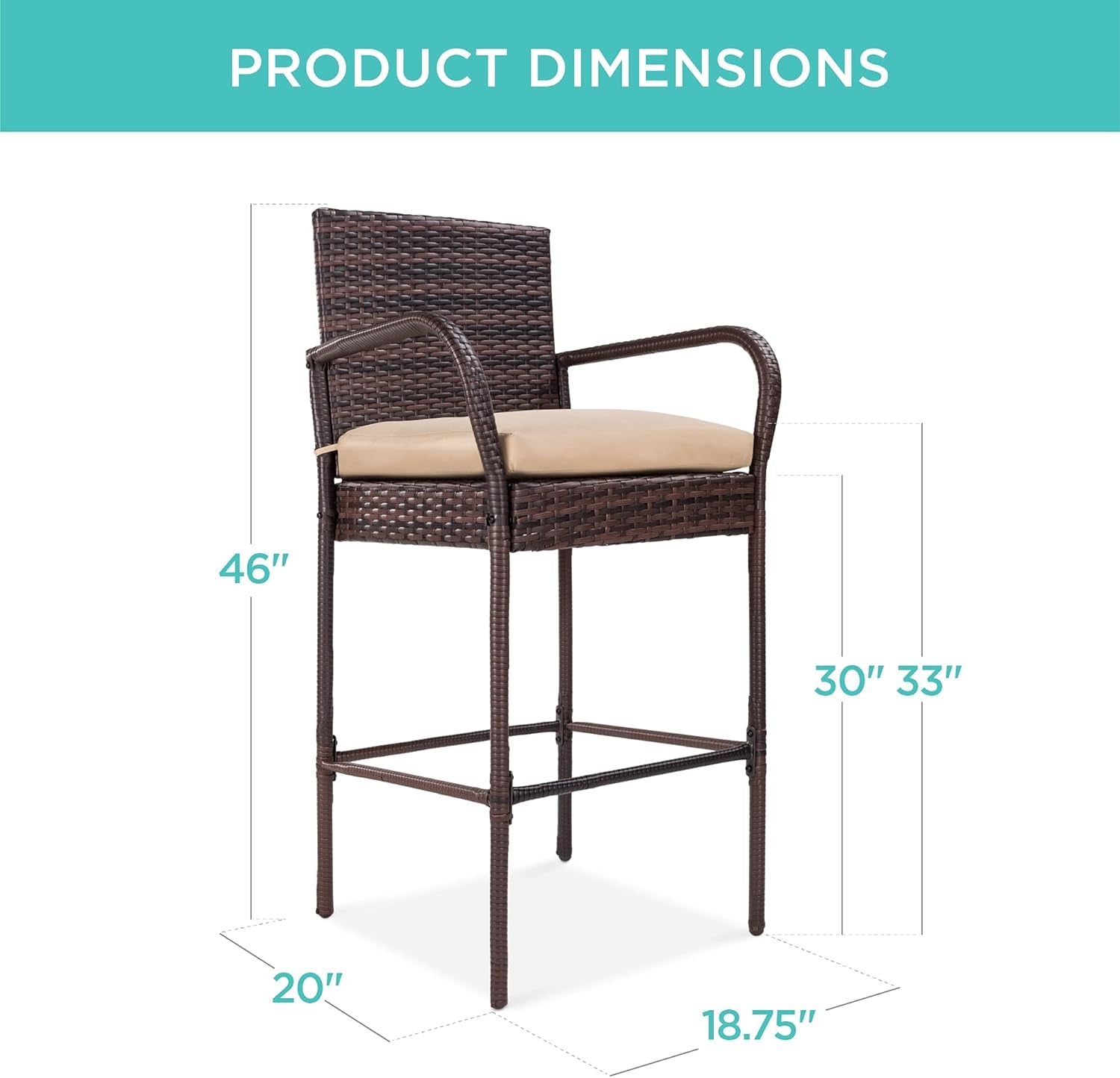 Set of 2 Wicker Bar Stools, Indoor Outdoor Bar Height Chairs W/Cushion, Footrests, Armrests for Backyard, Patio, Pool, Garden, Deck - Brown