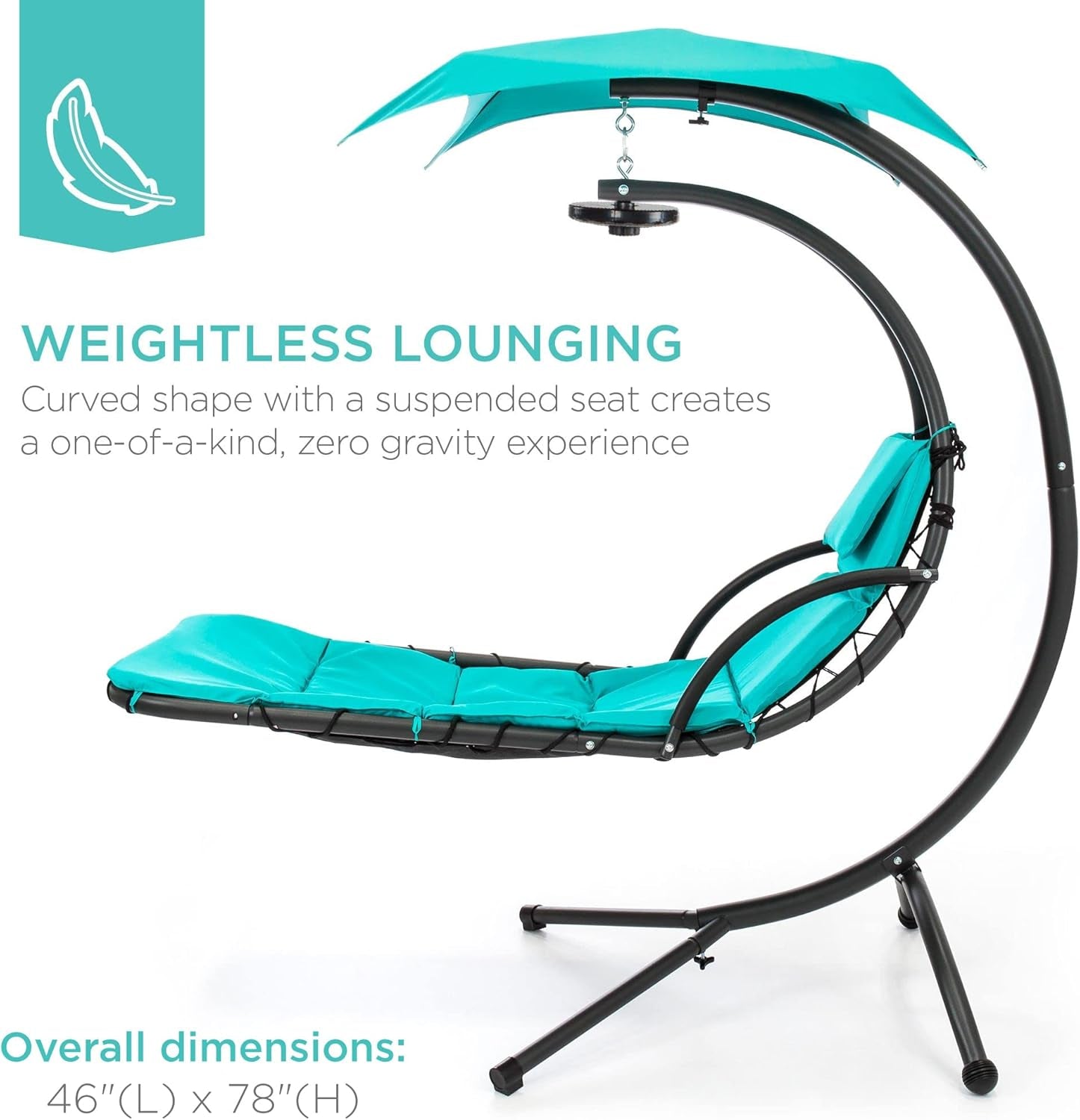 Hanging Led-Lit Curved Chaise Lounge Chair Swing for Backyard, Patio, Lawn W/ 3 Light Settings, Weather-Resistant Pillow, Removable Canopy Shade, Steel Stand - Teal