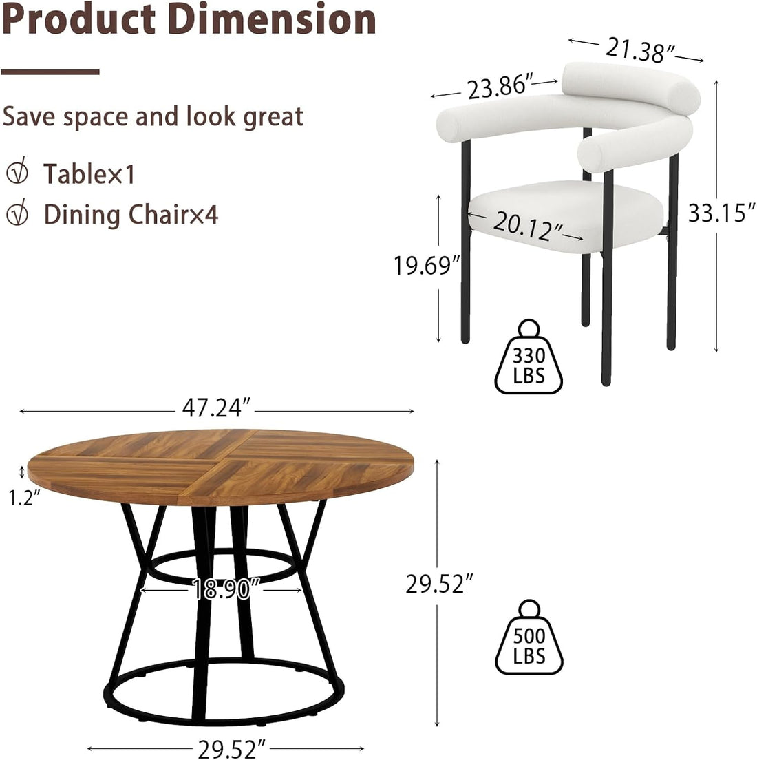 47” round Dining Table Set for 4, Small round Kitchen Table with 4 Boucle Dinner Chairs, Modern Circle 5 Piece Dining Table with Steel Legs (White)