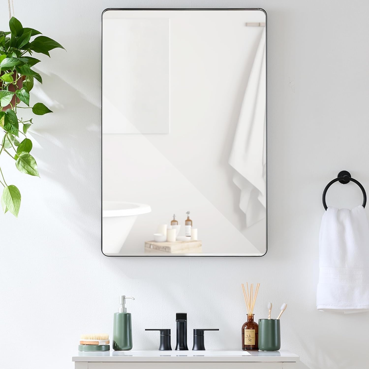 24X36In Recessed Bathroom Vanity 2-Way Rectangle Wall Mirror for Bedroom, Living Room, Vertical &amp; Horizontal W/High Clarity, Rounded Corners, Anti-Blast Film - Matte Black