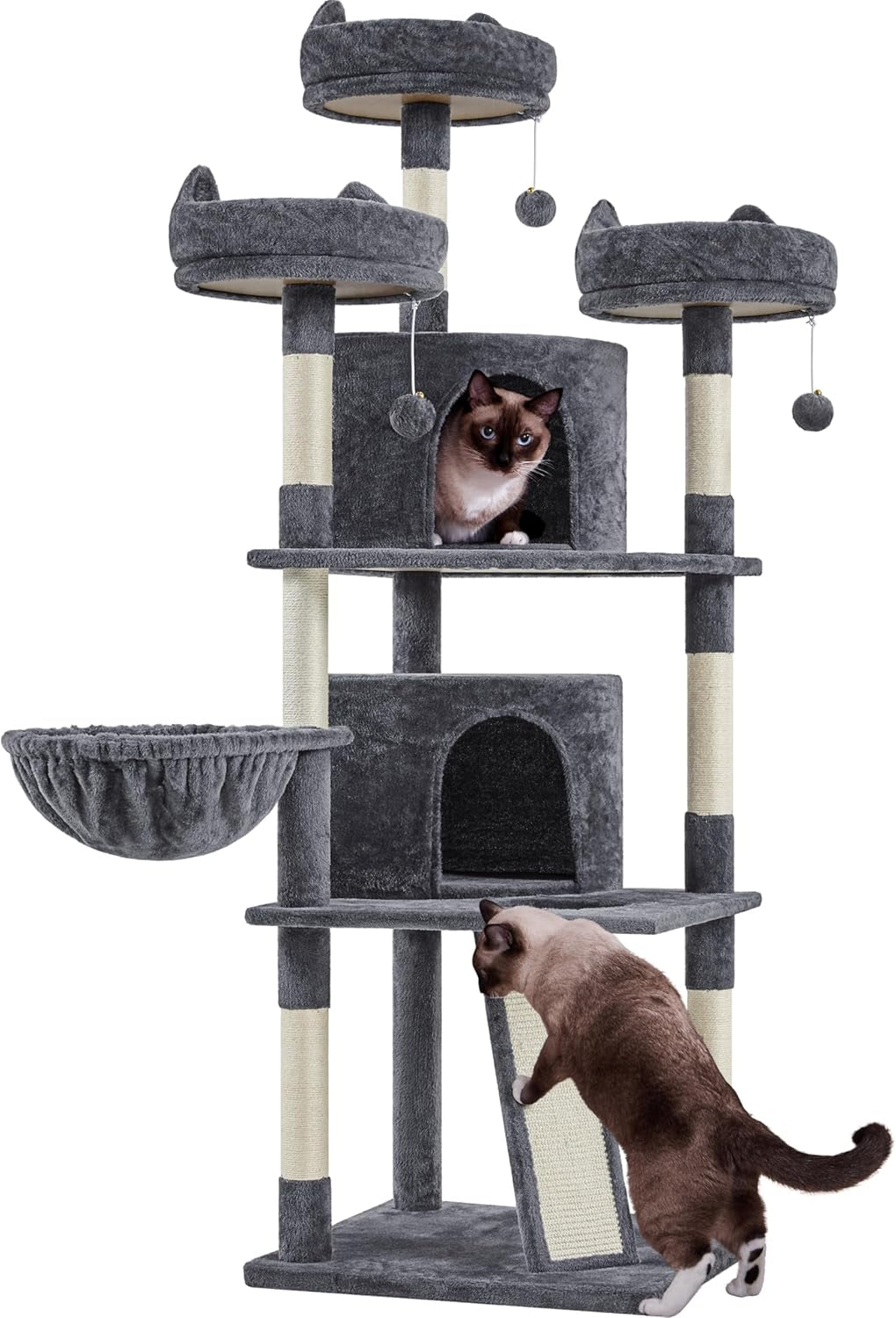 68.5In Multi-Level Large Cat Condo with Sisal-Covered Platforms Scratching Board &amp; Scratching Posts, Cozy Perches, Stable Cat Tower/Tree Pet Play House, Dark Gray