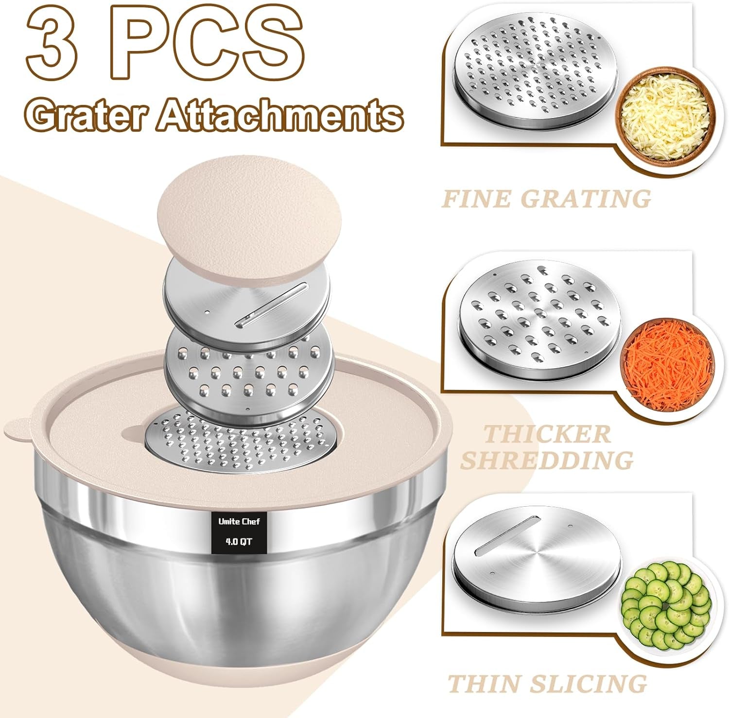 Mixing Bowls with Airtight Lids Set, 8PCS Stainless Steel Khaki Nesting Bowls with Grater Attachments, Kitchen Bowls with Non-Slip Bottoms, Size 5, 4, 3.5, 2, 1.5QT for Mixing &amp; Serving