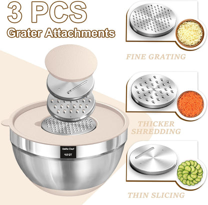 Mixing Bowls with Airtight Lids Set, 8PCS Stainless Steel Khaki Nesting Bowls with Grater Attachments, Kitchen Bowls with Non-Slip Bottoms, Size 5, 4, 3.5, 2, 1.5QT for Mixing &amp; Serving