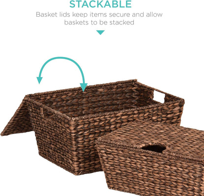 Set of 2 XL Multipurpose Classic Water Hyacinth Chests Oversized Woven Tapered Storage Basket for Organization, Laundry, Decoration W/Attached Lid, Handle Holes