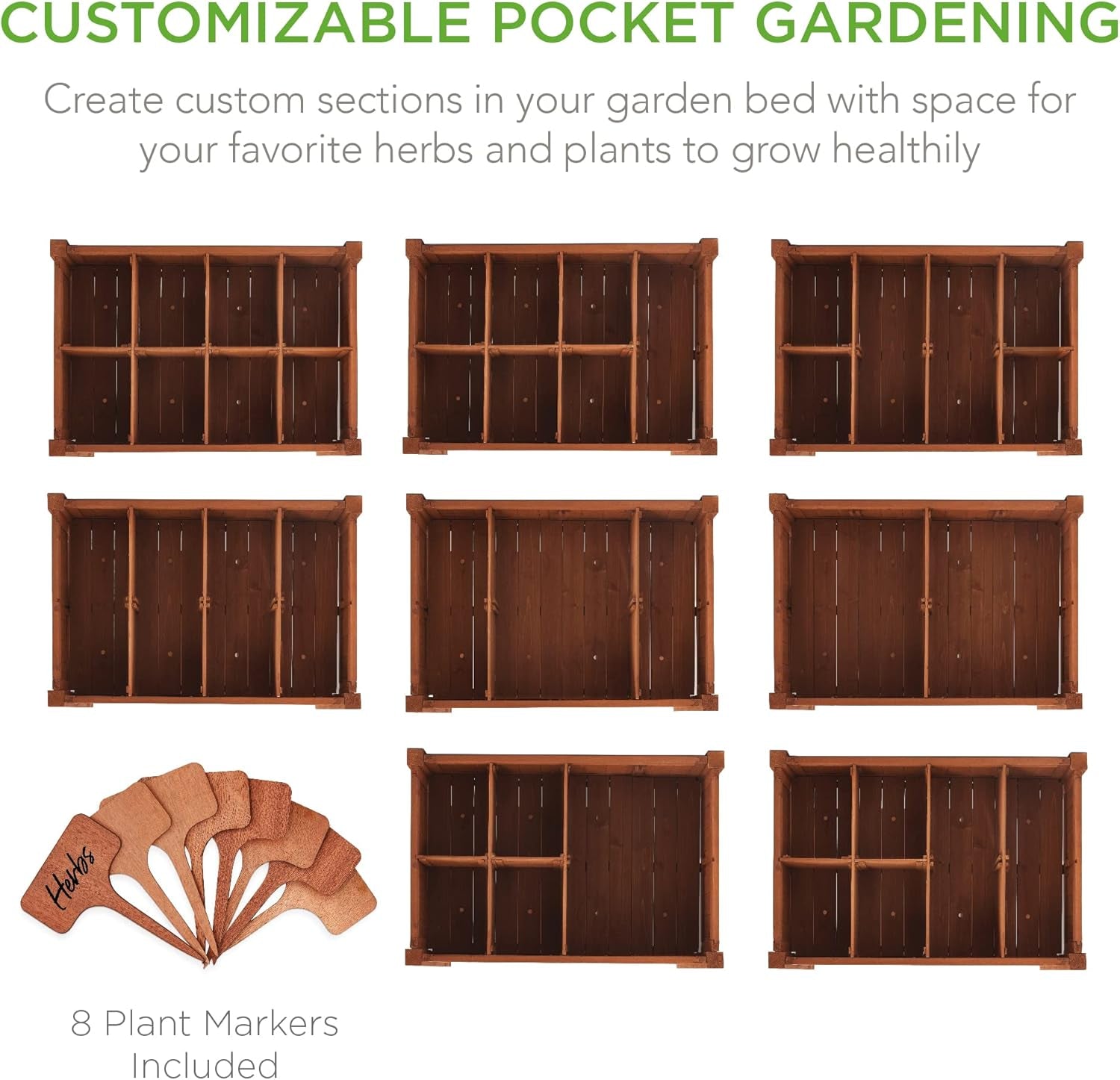 Elevated 8 Pocket Herb Garden Bed, Mobile Raised Customizable Wood Planter for Herbs, Vegetables, Flowers W/Lockable Wheels, Storage Shelf, Drainage Holes - Acorn Brown