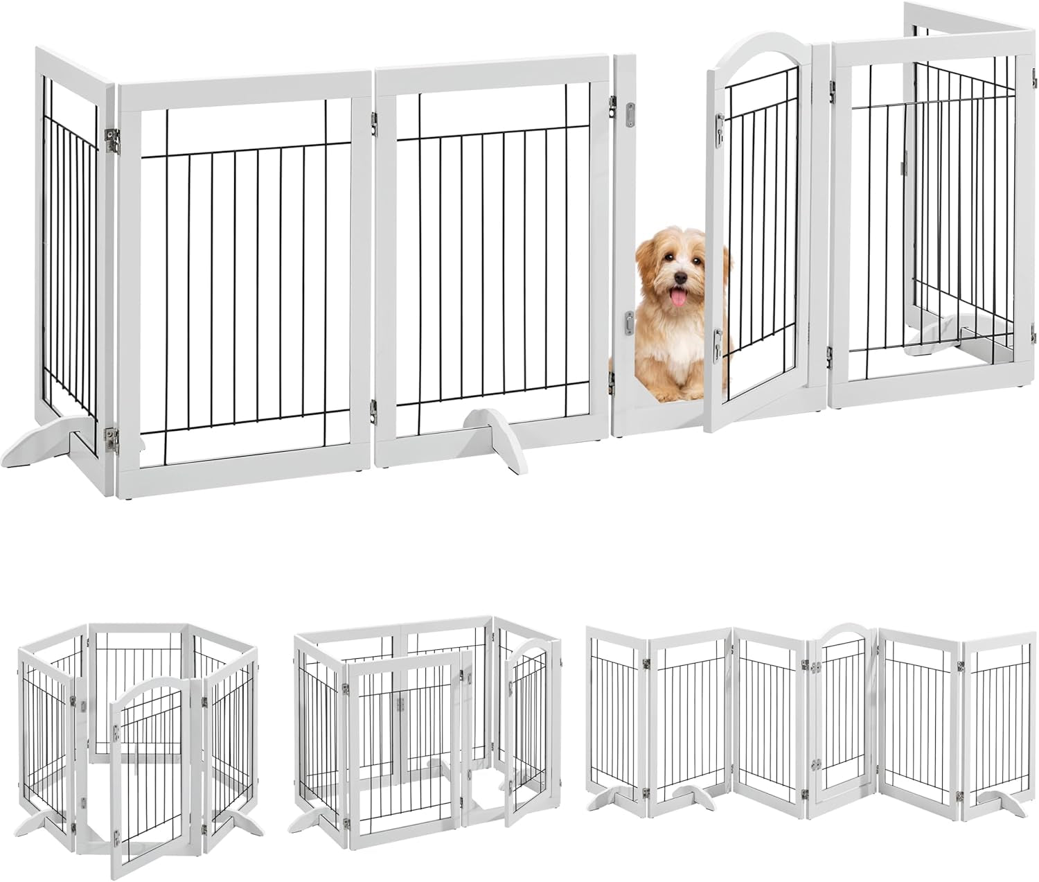 32-Inch Tall Dog Gate Extra Wide Pet Gate for Dogs Indoor Foldable Wire &amp; Wooden Puppy Safety Fence W/2 Support Feet,Freestanding Dog Gate for the House, Doorway, Stairs(White,4 Panels)