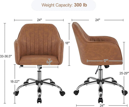 Modern Faux Leather Desk Chair Height Adjustable Task Chair Swivel Office Chair Makeup Chair Computer Chair Mid Back Chair Living Room Chairs with Arms Retro Brown