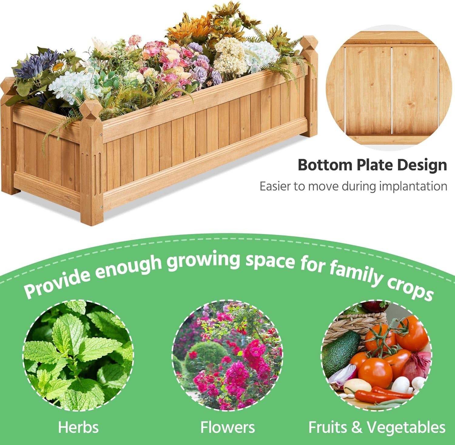 43.5″ L×16″ W×14″ H Wooden Raised Garden Bed, Horticulture Wood Rectangular Garden Planter Outdoor, Raised Planter Box for Yard/Greenhouse/Vegetable/Flower/Herbs, Light Brown