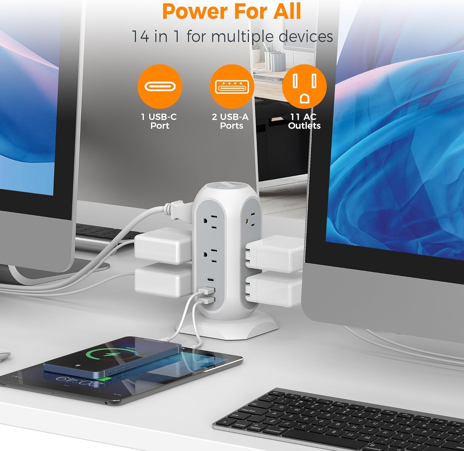 Tower Power Strip Flat Plug with 11 Outlets 3 USB (1 USB C),  Surge Protector Tower 1625W/13A,1050J Protection, 6 Feet Extension Cord with Multiple Outlets, Office Desk Supplies, Dorm Essentials