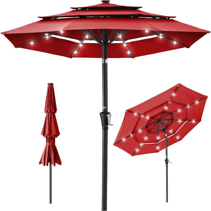 10Ft 3-Tier Solar Patio Umbrella, Outdoor Market Sun Shade for Backyard, Deck, Poolside W/ 24 LED Lights, Tilt Adjustment, Easy Crank, 8 Ribs - Tan