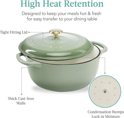 6 Quart Enamel Cast-Iron round Dutch Oven, Family Style Heavy-Duty Pre-Seasoned Cookware for Home, Kitchen, Dining Room, Oven Safe W/Lid, Dual Handles - Sage Green