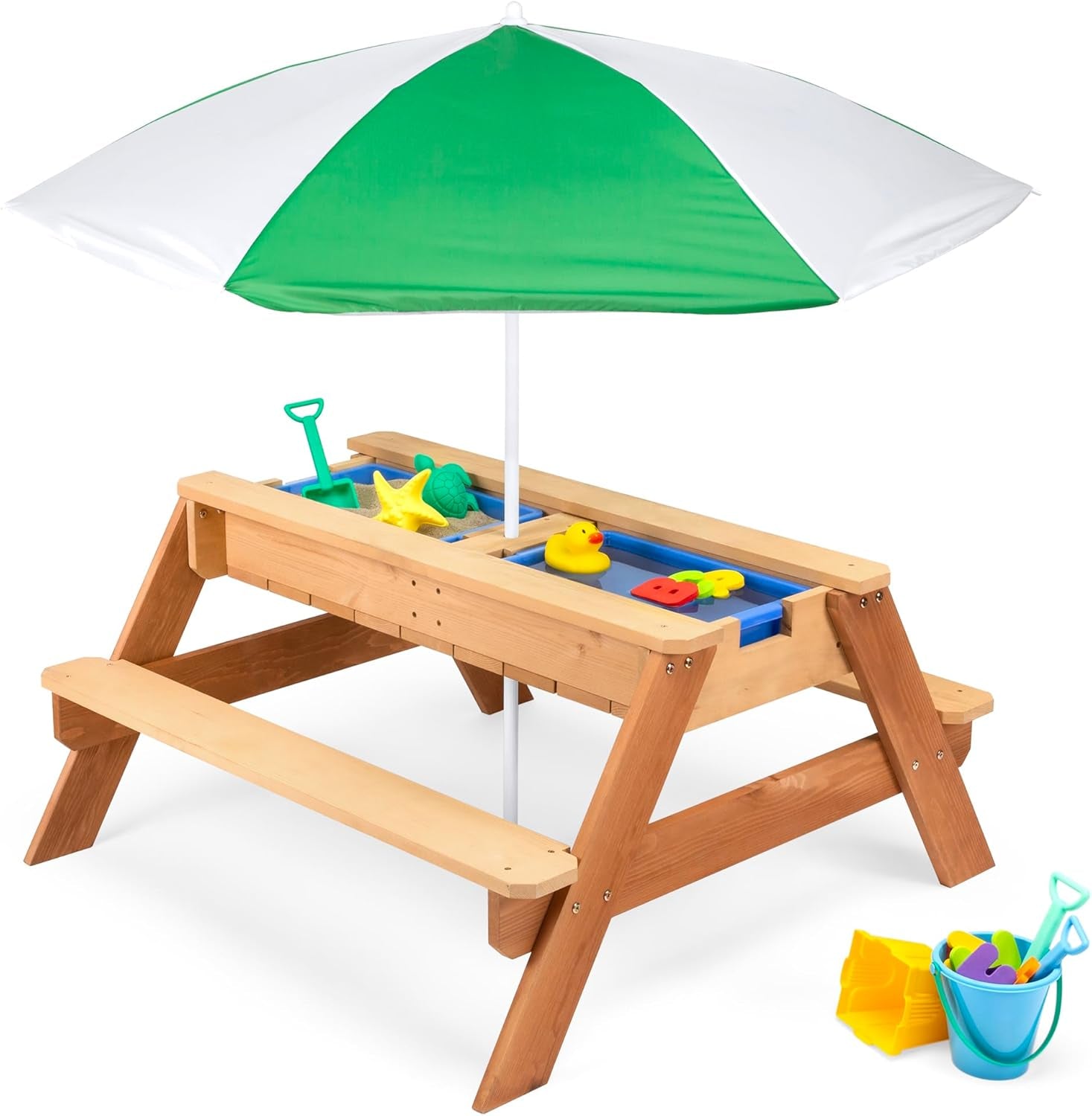 Kids 3-In-1 Sand &amp; Water Table, Wood Outdoor Convertible Picnic Table W/Umbrella, 2 Trays, Removable Top - Walnut/Beige