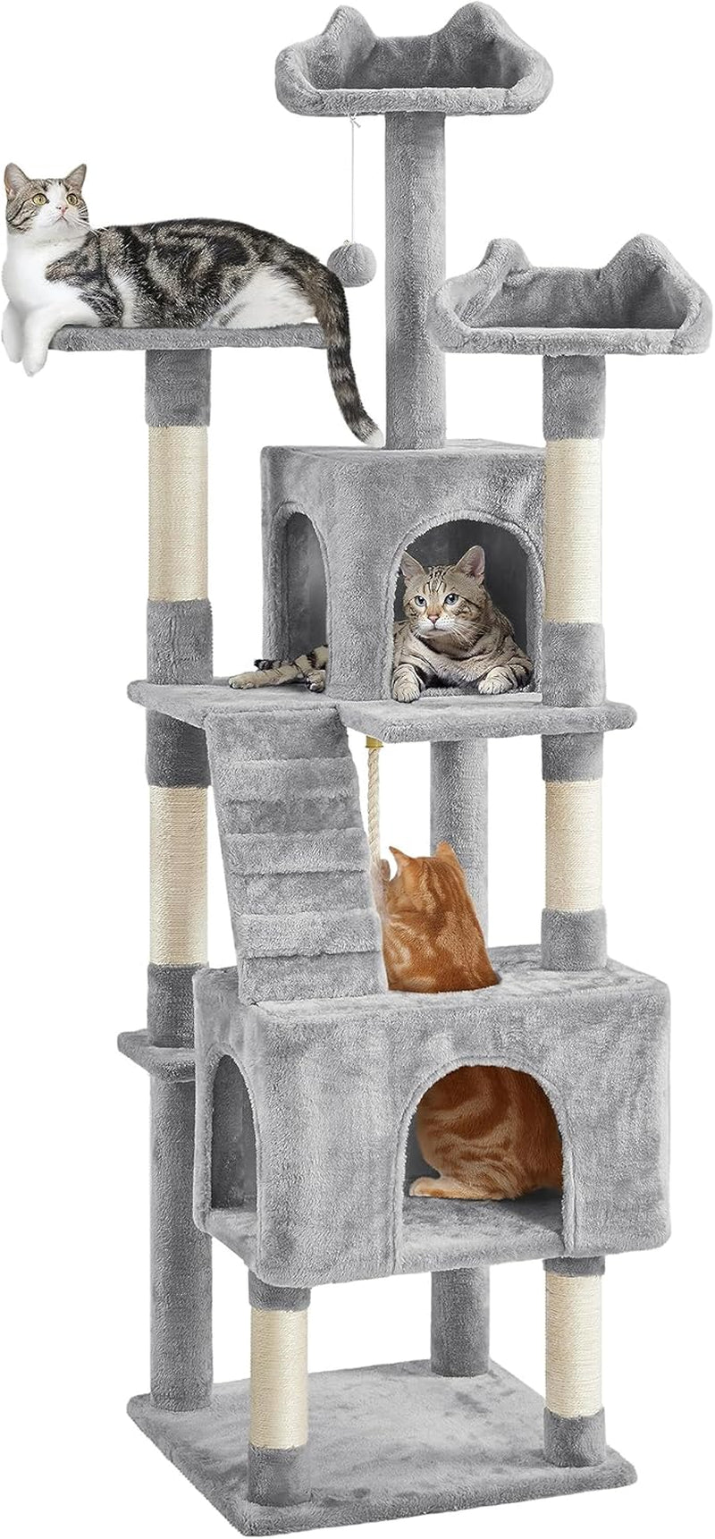 XL Cat Tree, 72In Multi-Level Cat Tower with 2 Cozy Caves, 3 Soft Perches, Scratching Posts, Board, and Dangling Ball, Cat Furniture Cat Play House Kittens, Dark Gray