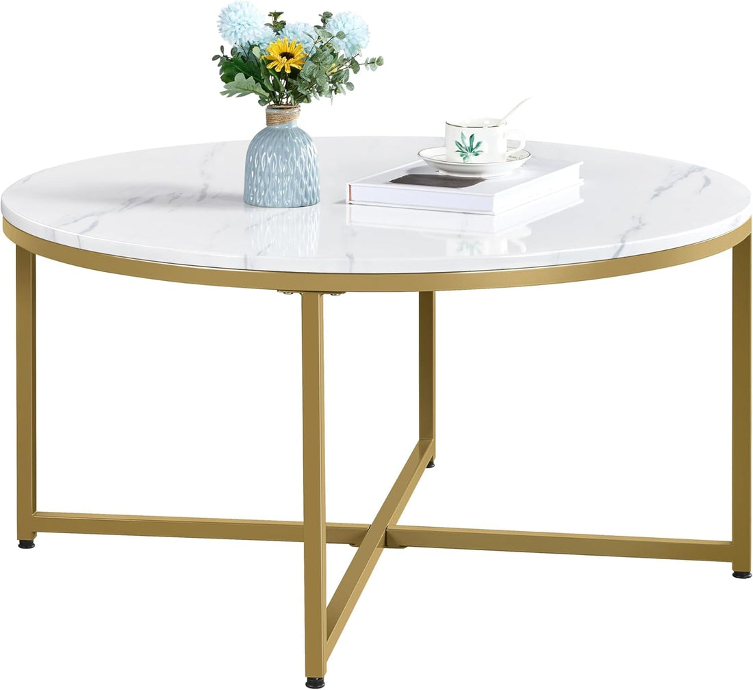 Faux Marble Coffee Table, 35.5In round Coffee Table with Metal Legs for Living Room, Modern Center Table for Home &amp; Office, White and Gold