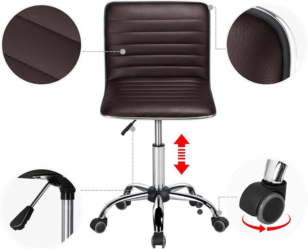 Executive Armless PU Leather Ergonomic Chair Office Task Low Back Swivel Chair W/Backrest Wheels for Study Office, Brown