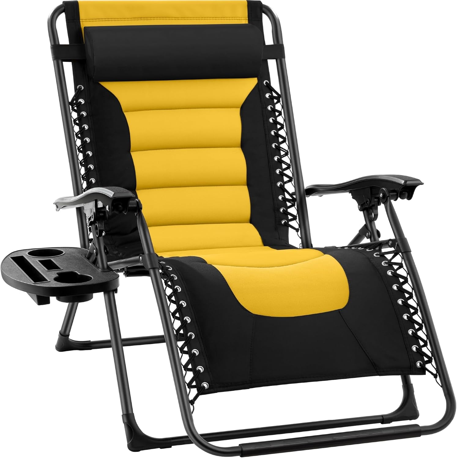 Oversized Padded Zero Gravity Chair, Folding Outdoor Patio Recliner, XL anti Gravity Lounger for Backyard W/Headrest, Cup Holder, Side Tray, Polyester Mesh - Black/Gray