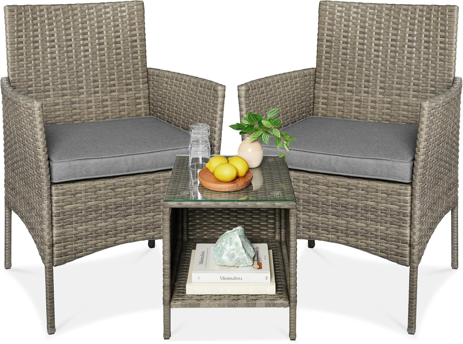 3-Piece Outdoor Wicker Conversation Bistro Set, Space Saving Patio Furniture for Garden W/Side Table - Gray/Navy