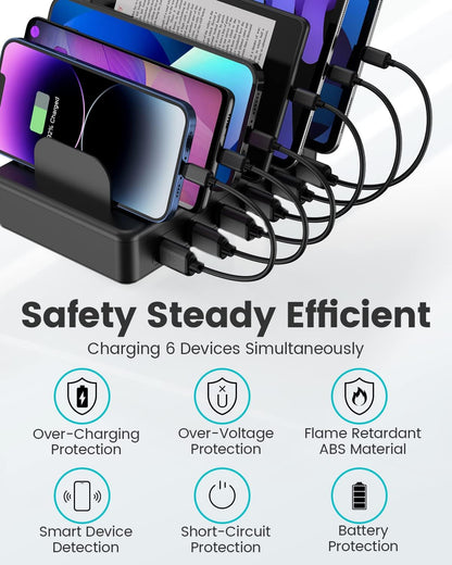 Charging Station, 50W 6 Ports Multi Charger Station with 6 Charging Cables, USB Charging Dock for Multiple Devices, Compatible with Cellphone Ipad Kindle Tablet and Other Electronic