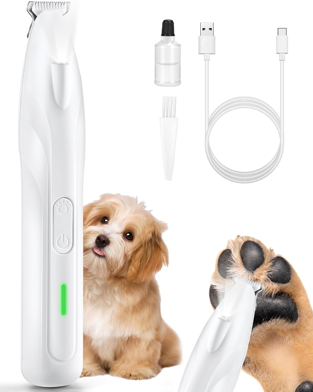 Dog Paw Trimmer, 2 Speed Low Noise Dog Clippers for Grooming, Cordless Rechargeable Dog Hair Trimmer with LED Light, Widen Blade Cat Pet Hair Shaver for Paws, Eyes, Ears, Face, Rump (White)