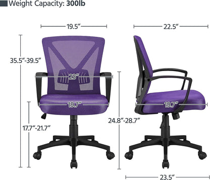 Mesh Office Desk Chairs Ergonomic Task Chairs with Adjustable Lumbar Support Mid Back Swivel Chair Purple