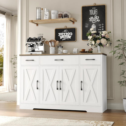 Buffet Cabinet with Drawers, 55&quot; Large Sideboard Buffet Storage Cabinet with Shelves and Doors, Modern Farmhouse Coffee Bar Cabinet Wood Buffet Table for Kitchen, Dining Room, White/Rustic