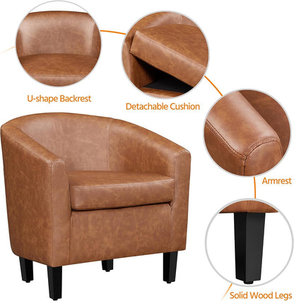 Brown Accent Chairs Set of 2, Faux Leather Barrel Chairs Comfy Club Chairs, Modern Leather Armchairs with Soft Seat for Living Room Bedroom Reading Room Waiting Room, Brown