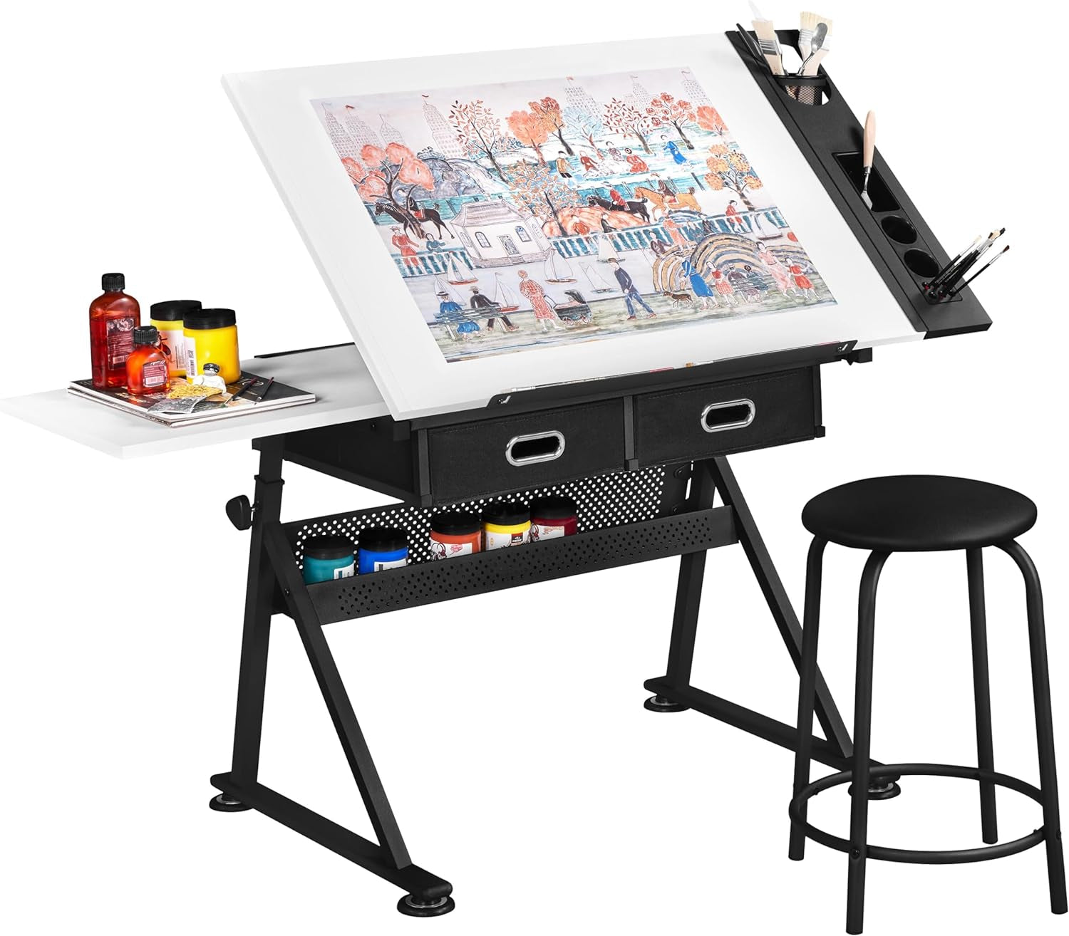 Height Adjustable Drafting Table Drawing Table Artist Desk Tilting Tabletop Art Craft Desk Watercolor Paintings Sketching Work Station W/2 Storage Drawers and Stool for Home Office