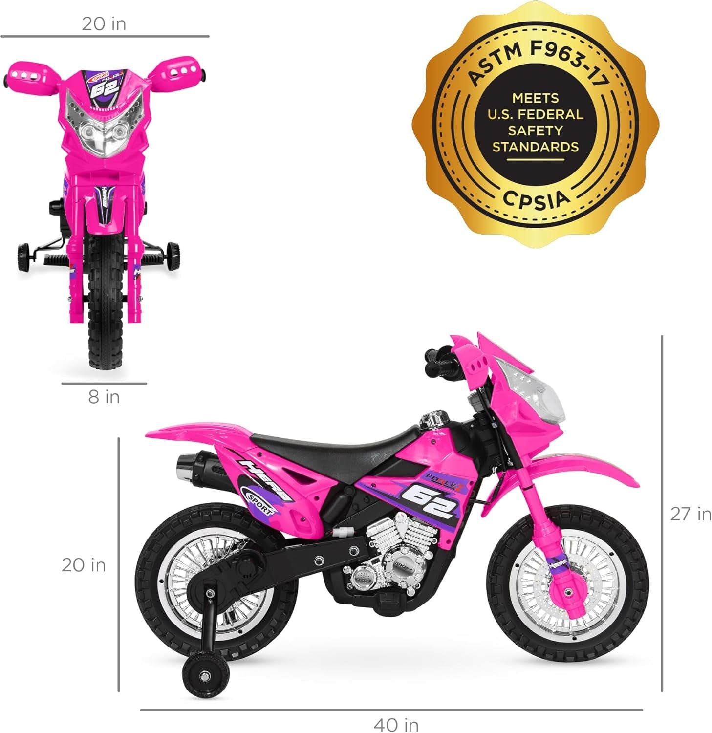 Kids 6V Ride on Motorcycle W/Treaded Tires, Working Headlights, 2Mph Top Speed, Training Wheels, Realistic Sounds, Music, Battery Charger - Hot Pink