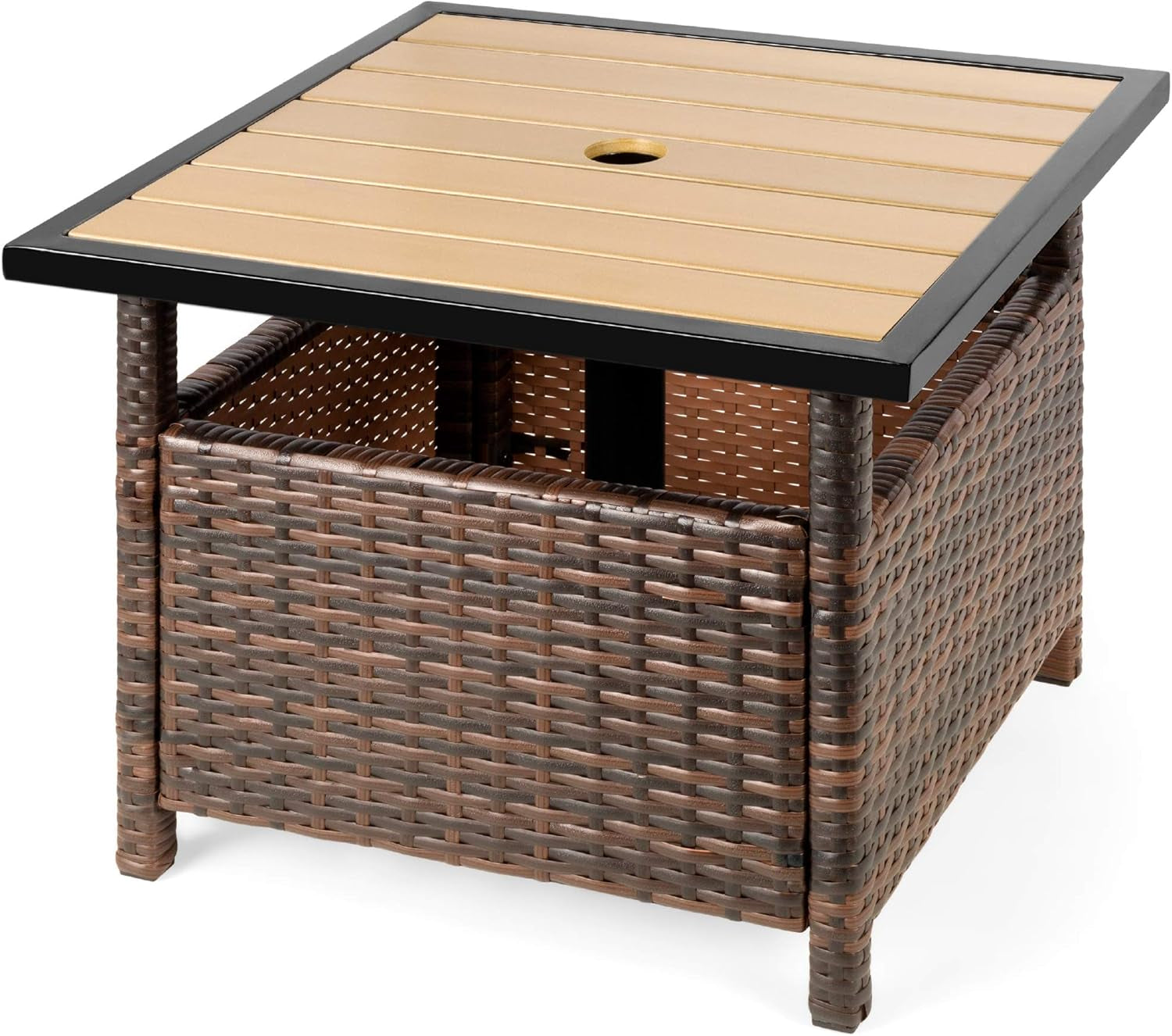 Wicker Side Table with Umbrella Hole, Square PE Rattan Outdoor End Table for Patio, Garden, Poolside, Deck W/Uv-Resistant Frame, Storage Space - Brown