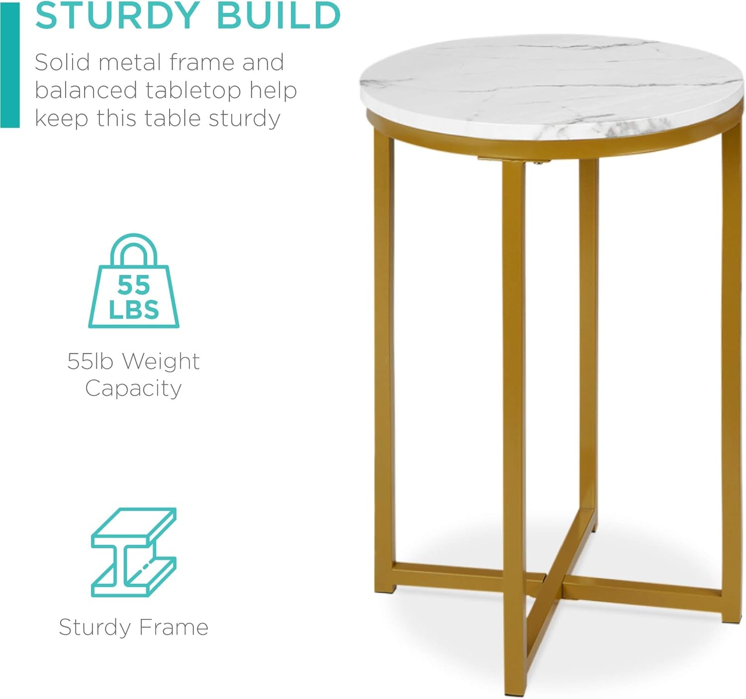 16In Faux Marble Accent Table, Modern End Table, Small Coffee Table Home Decor for Living Room, Dining Room, Tea, Coffee W/Metal Frame, Foot Caps, Designer - White/Bronze Gold