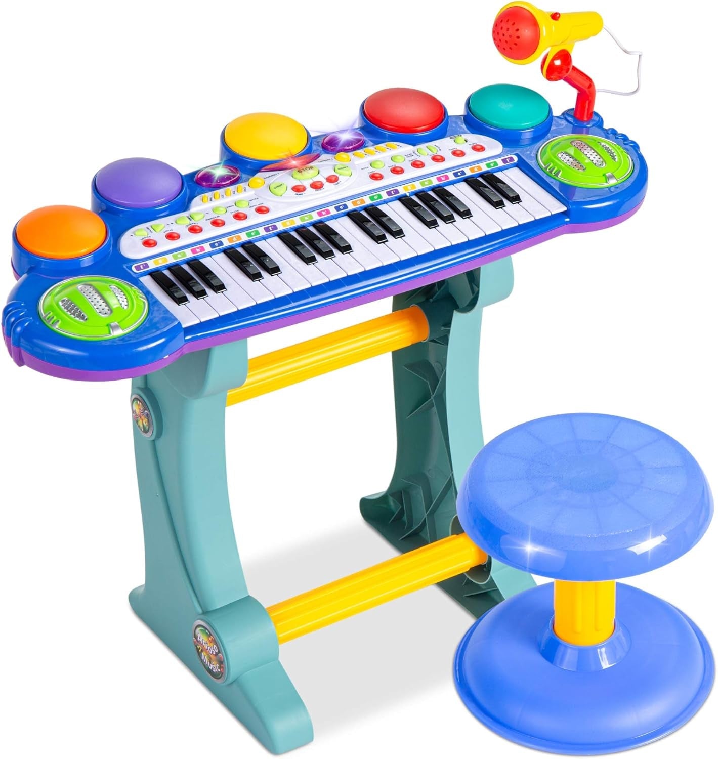 37-Key Kids Electronic Musical Instrument Piano Learning Toy Keyboard W/Multiple Sounds, Lights, Microphone, Stool - Blue