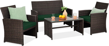 4-Piece Outdoor Wicker Patio Conversation Furniture Set for Backyard W/Coffee Table, Seat Cushions - Gray/Navy