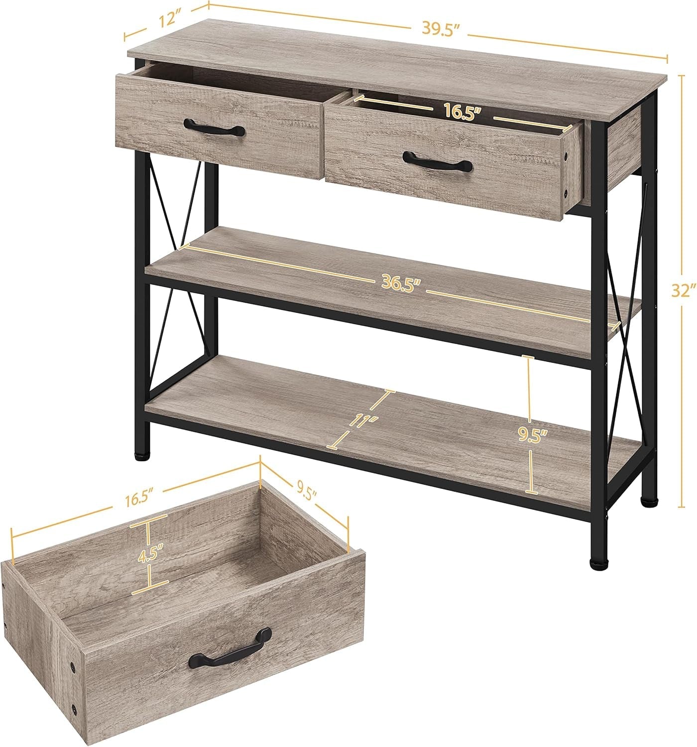 Console Table with 2 Drawers, 3-Tier Entryway Table with Storage Shelves, Narrow Long Sofa Couch Table for Living Room, Hallway, Metal Frame, Gray