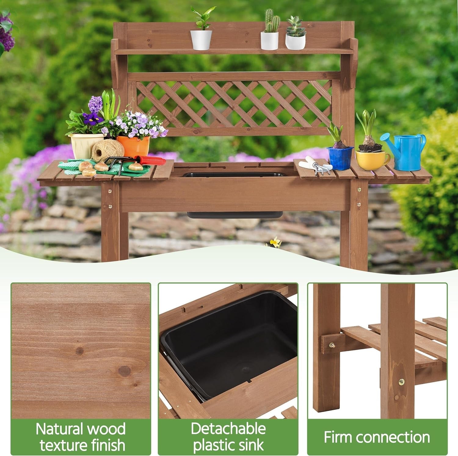 Potting Bench Table Outdoor Garden Horticulture Wooden Workstation Benches W/Sliding Tabletop/Removable Sink/Storage Shelf,Brown