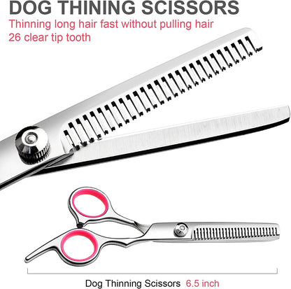 Dog Grooming Scissors with Safety round Tips Stainless Steel Professional Dog Grooming Kit - Thinning, Curved Scissors and Comb for Dog Cat Pet (Pink 4 in 1)