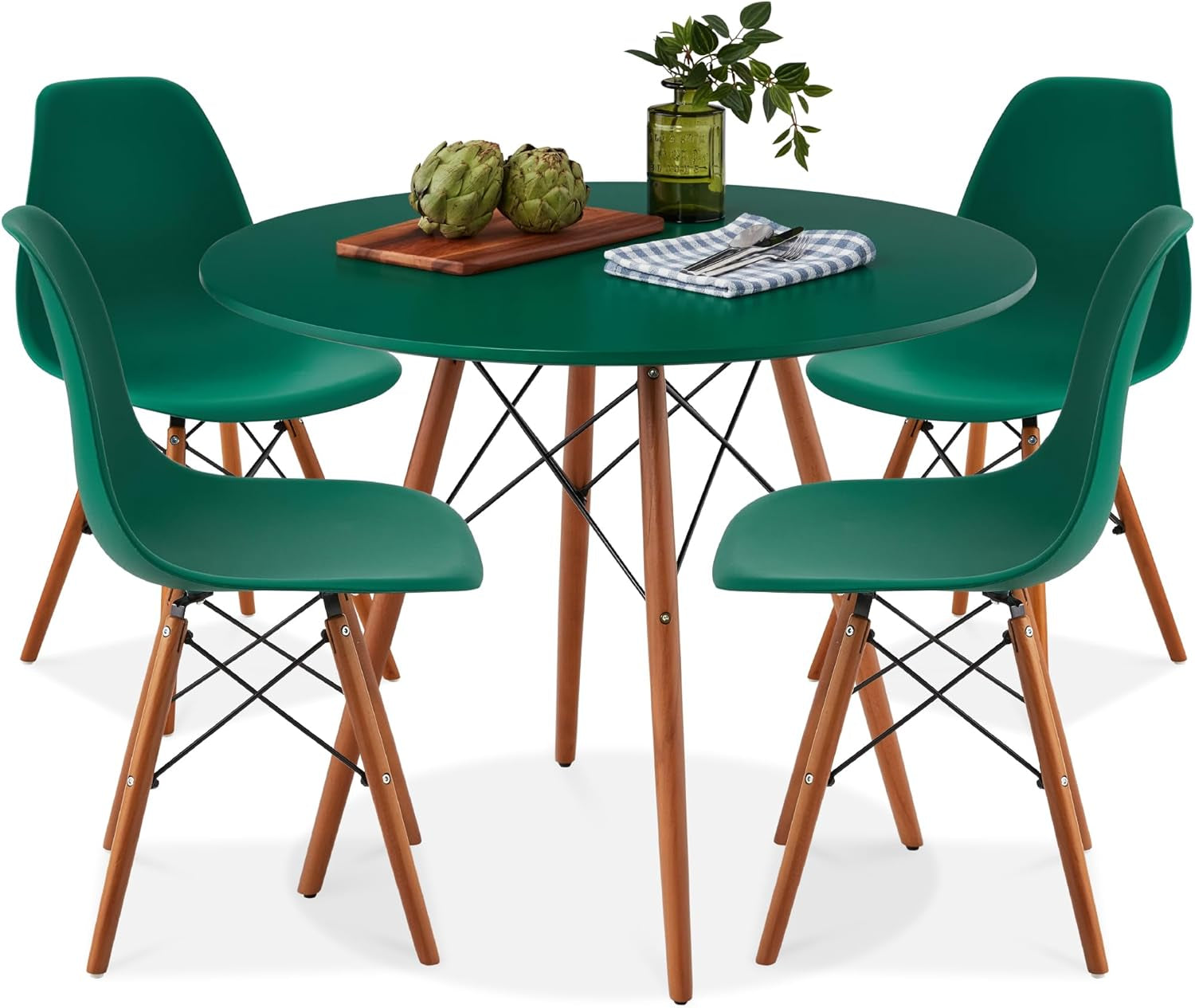 5-Piece Dining Set, Compact Mid-Century Modern Table &amp; Chair Set for Home, Apartment W/ 4 Chairs, Plastic Seats, Wooden Legs, Metal Frame - Light Green/Oak