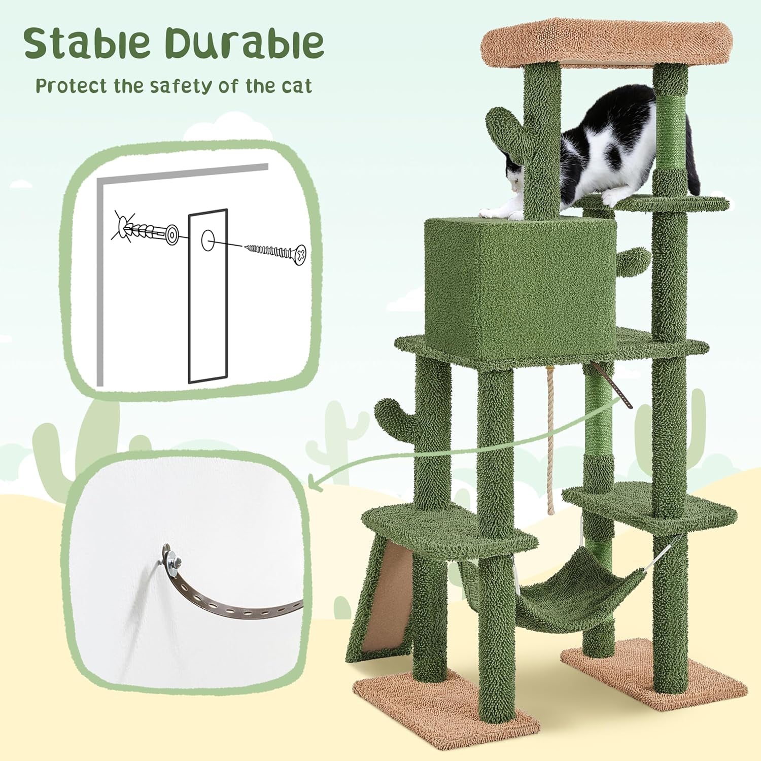 Cactus Cat Tree, 63″ H Multi-Level Cat Tower for Indoor Cats, Cat Climbing Tower Tall Cat Tree with Sisal-Covered Scratching Posts &amp; Condo &amp; Hammock, Cat Furniture Activity Center for Kitten