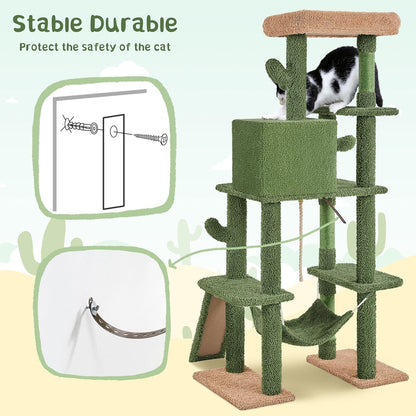 Cactus Cat Tree, 63″ H Multi-Level Cat Tower for Indoor Cats, Cat Climbing Tower Tall Cat Tree with Sisal-Covered Scratching Posts &amp; Condo &amp; Hammock, Cat Furniture Activity Center for Kitten