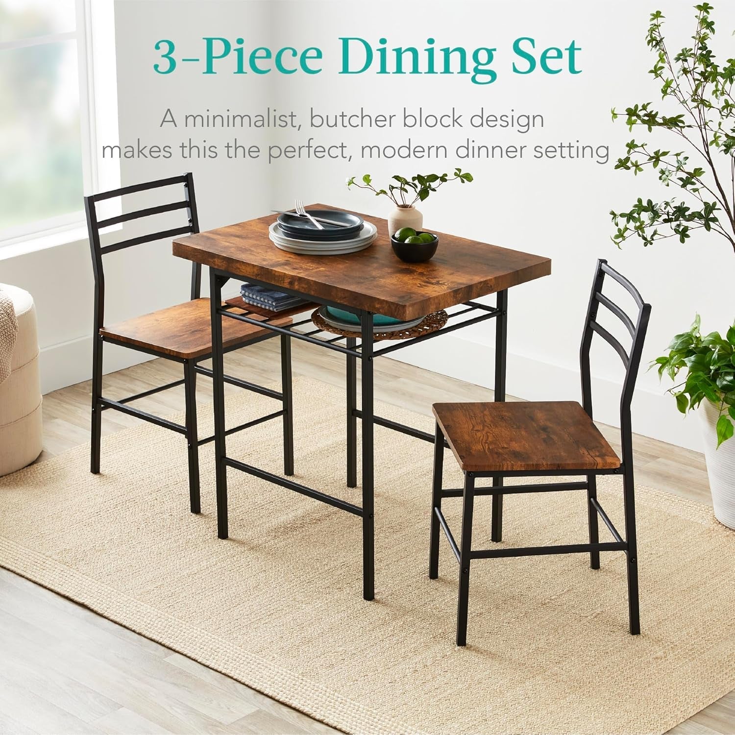 3-Piece Modern Dining Set, Space Saving Dinette for Kitchen, Dining Room, Small Space W/Steel Frame, Built-In Storage Rack - Brown