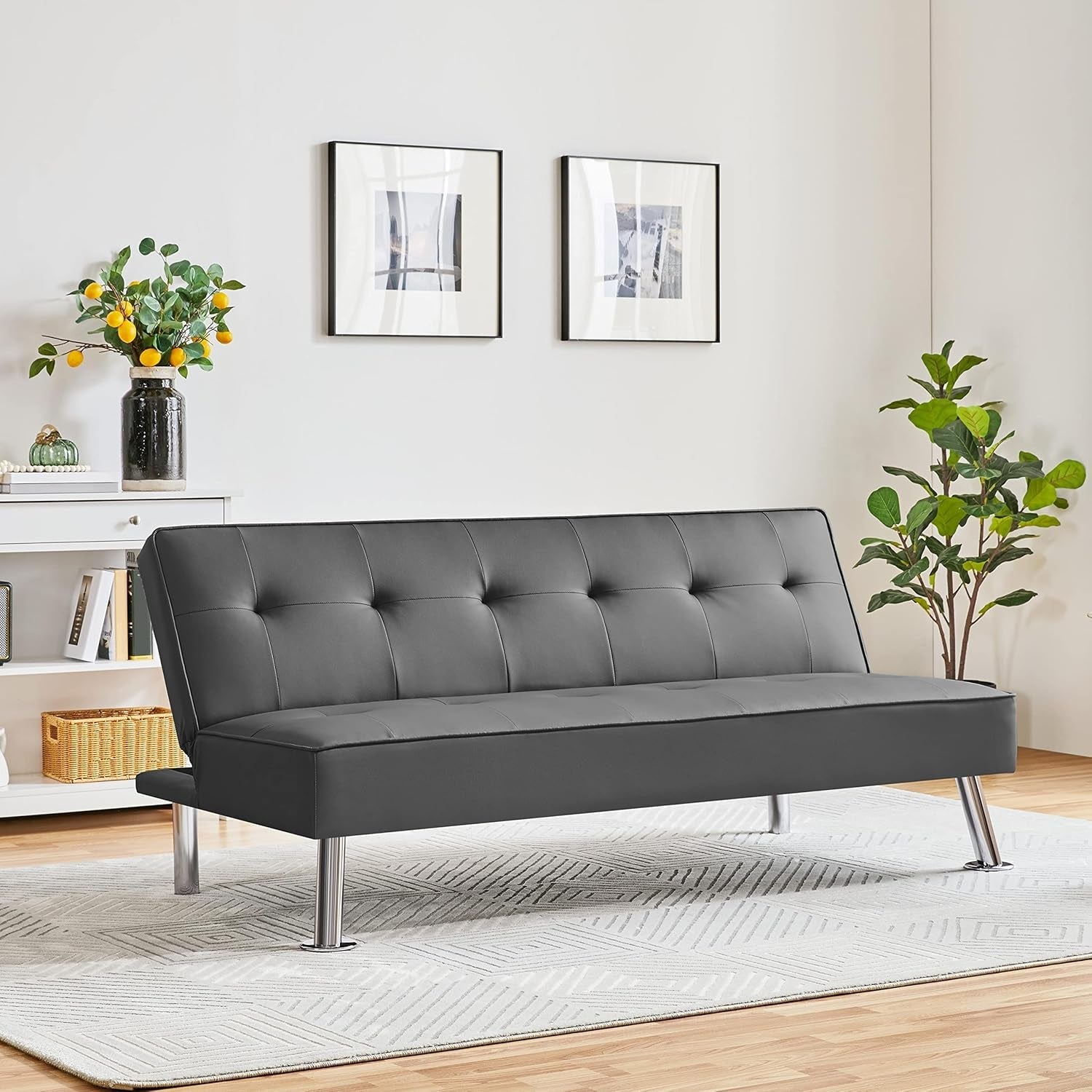 Convertible Sofa Couch Futon Bed Faux Leather Sofa Bed Sleeper Adjustable Loveseat Futon Couch Living Room Furniture with Chrome Metal Legs, Gray