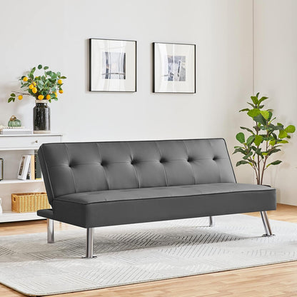 Convertible Sofa Couch Futon Bed Faux Leather Sofa Bed Sleeper Adjustable Loveseat Futon Couch Living Room Furniture with Chrome Metal Legs, Gray